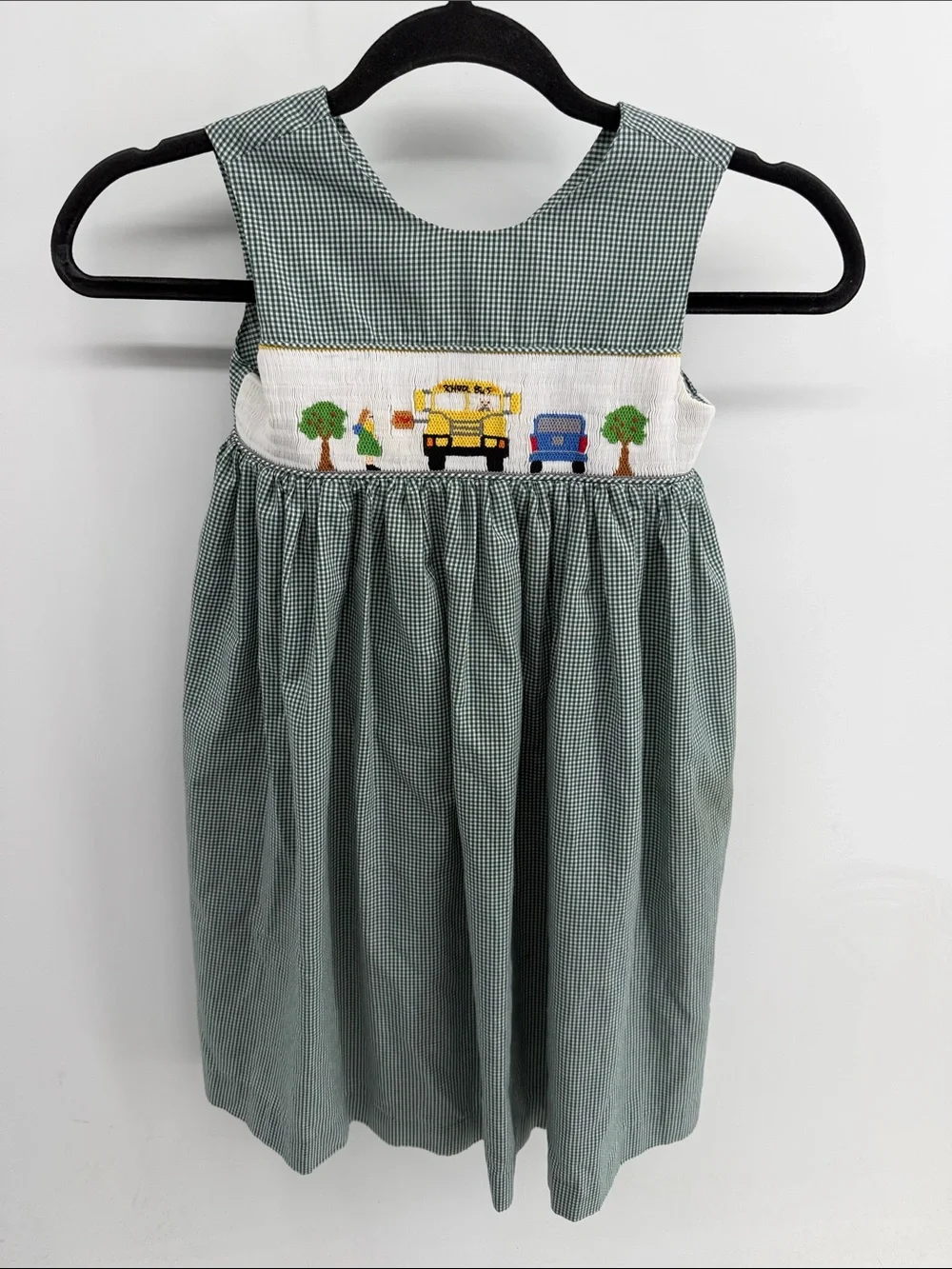 Mom & Me gingham plaid smocked school bus embroidered sleeveless tank dress sz 5
